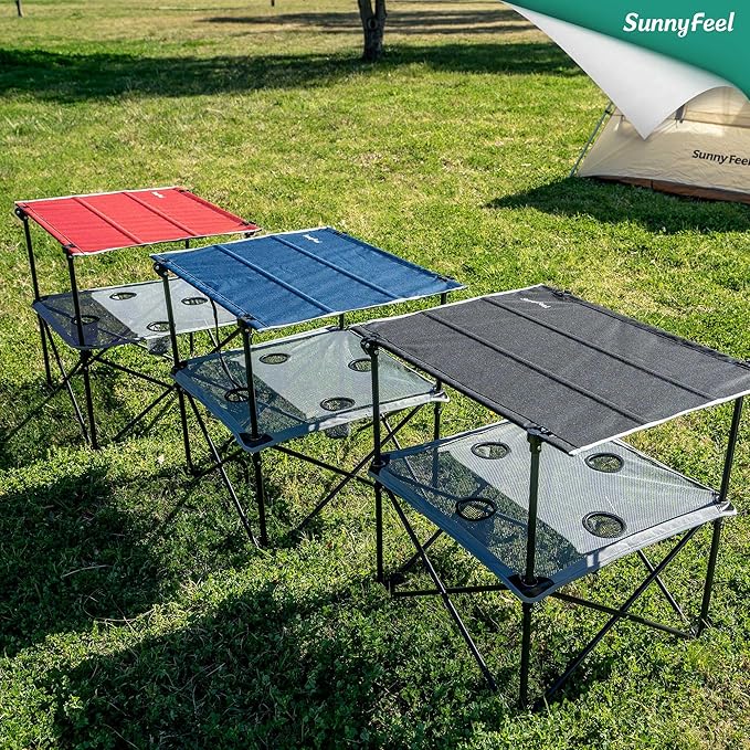 SUNNYFEEL Folding Camping Table- Collapsible Portable Beach Table with 4 Cup Holders & Carry Bags, Tailgate Table for Outdoor Excursion Picnic Hiking Fishing Travel Parties, Red