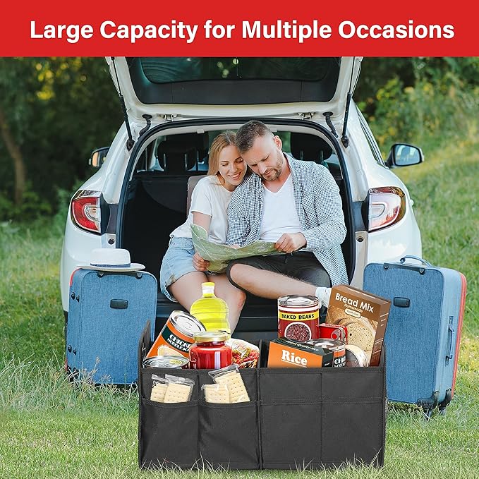 Simple Deluxe Trunk Organizer for Car/SUV/Truck, Collapsible 2 Compartment Automotive Storage Box, 600D Waterproof Oxford Polyester 50L Travel Accessories, Anti-slip & Leak-proof, Black New
