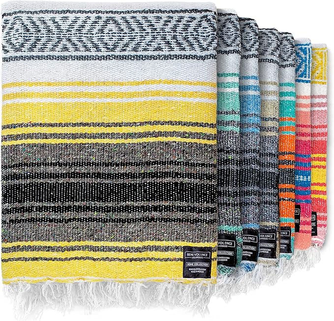 Benevolence LA Authentic Handwoven Mexican Blanket | Yoga Blankets, Outdoor, Picnic, Beach, Camping | Equestrian Saddle | Serape 50x70 inches - Sunshine, Pack of 1