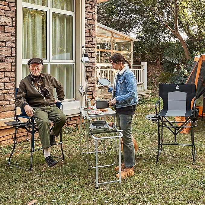 EVER ADVANCED Portable 30.7" Seat Height Tall Folding Camping Chair Directors Chair High Foldable Bar Stool with Side Table for Makeup Artist, Sports Event, Craft Show, Supports 350LBS