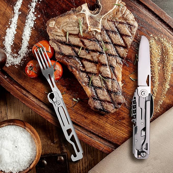 POXIMO Camping Utensils, 6-In-1 Detachable Stainless Steel Camping Flatware Multi-tool kits with Spoon Fork Knife Corkscrew Bottle&Can Opener, Folding Portable Cutlery Set for Travel Hiking Picnic