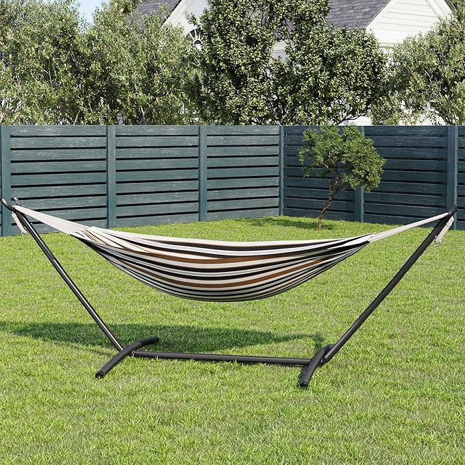 Garvee Double Hammock with Foldable Steel Stand and Carry Bag – Indoor/Outdoor Standing Hammock, 450 LBS Capacity, for Garden, Camping, Beach (Coffee)