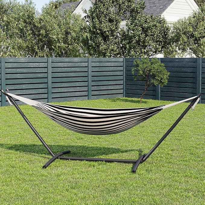 Garvee Double Hammock with Foldable Steel Stand and Carry Bag – Indoor/Outdoor Standing Hammock, 450 LBS Capacity, for Garden, Camping, Beach (Black)