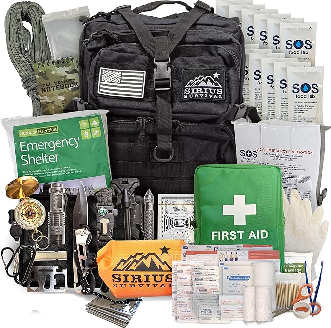 Sirius: Bug Out Bag Starter Kit - 72 Hour Kit for 1 Person – Backpack Survival Kit – 50L Tactical Backpack, US Made Food & Water, Medical Supplies & Survival Tools