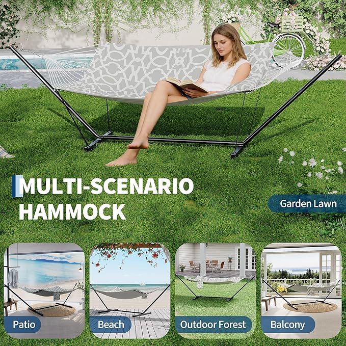 Garvee﻿ 2 Person Hammock with Stand for Outside, Double Hammock with Stand and Pillow, Max 450 Lbs Capacity with Balance Rope, Large Hammock for Outdoor Patio Backyard Poolside