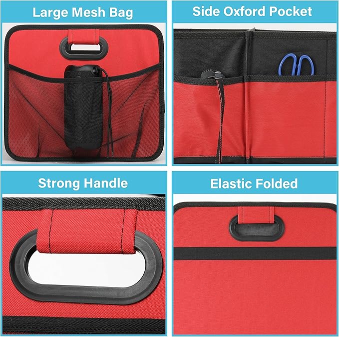 Simple Deluxe Car Trunk Organizer, Anti-slip Design, Made of Waterproof 600D Oxford Polyester, 2 Compartments Collapsible Trunk Storage, Suitable for SUV, 14" D x 22" W x 12" H, Red