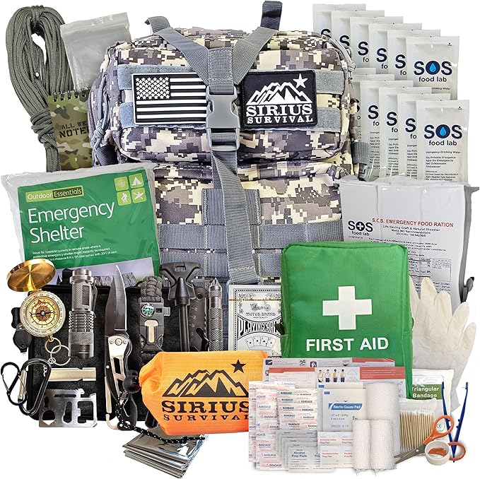 Sirius: Bug Out Bag Starter Kit - 72 Hour Kit for 1 Person – Backpack Survival Kit – 50L Tactical Backpack, US Made Food & Water, Medical Supplies & Survival Tools