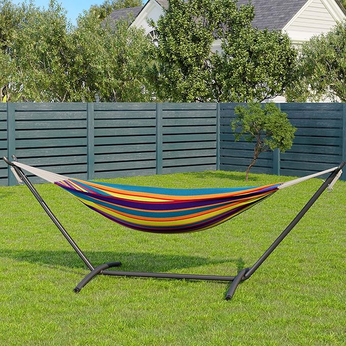 Garvee Double Hammock with Foldable Steel Stand and Carry Bag – Indoor/Outdoor Standing Hammock, 450 LBS Capacity, for Garden, Camping, Beach (Tropical)
