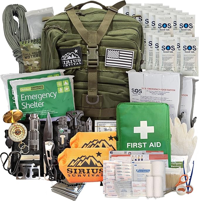 Sirius: Bug Out Bag Starter Kit - 72 Hour Kit for 1 Person – Backpack Survival Kit – 50L Tactical Backpack, US Made Food & Water, Medical Supplies & Survival Tools