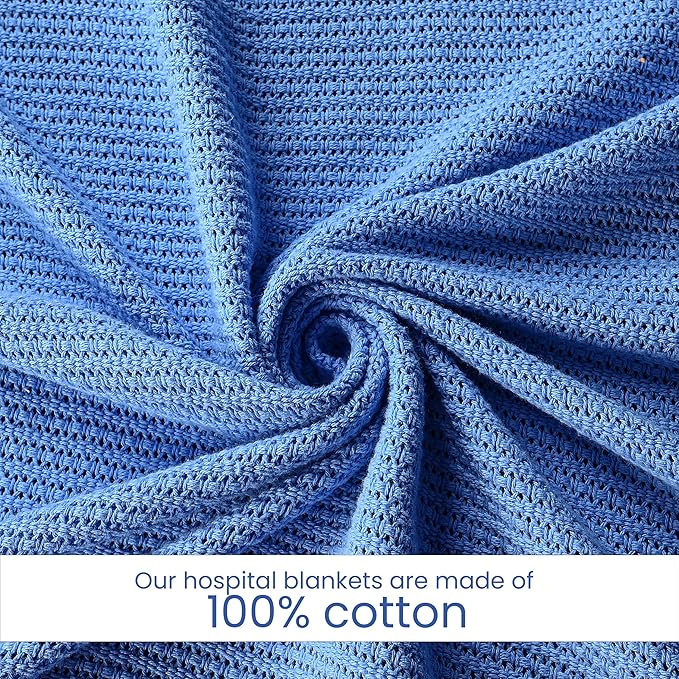 Linteum Textile Supply Blue Hospital Thermal Blanket 66x90 Inch 100% Cotton, Soft and Cozy, Breathable, Open-Cell Weave Design, All Season Twin Hospital Blanket (12-Pack)
