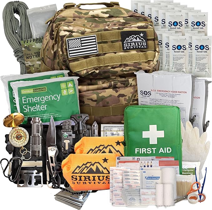 Sirius: Bug Out Bag Starter Kit - 72 Hour Kit for 1 Person – Backpack Survival Kit – 50L Tactical Backpack, US Made Food & Water, Medical Supplies & Survival Tools