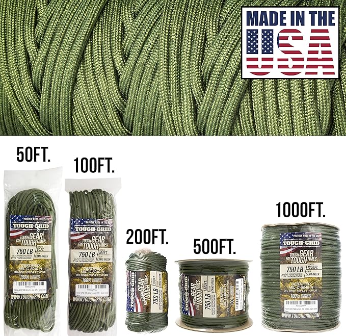 TOUGH-GRID 750 Paracord Military Grade Nylon Rope - Type IV Mil-Spec Made in USA - Tactical Survival Cord