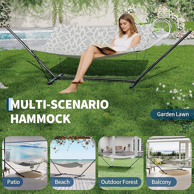 2 Person Double Hammock with Stand & Pillow, 450 LBS Heavy Duty Outdoor Hammock with Balance Rope for Patio Backyard Poolside