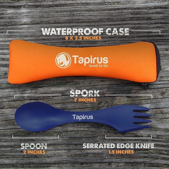 Tapirus - 4 Spork to Go Set - 7-inch Durable & BPA Free Sporks - Spoon, Fork and Knife Combo Utensils Flatware - Mess Kit for Camping, Hunting and Outdoor Activities - Comes in a Carrying Case