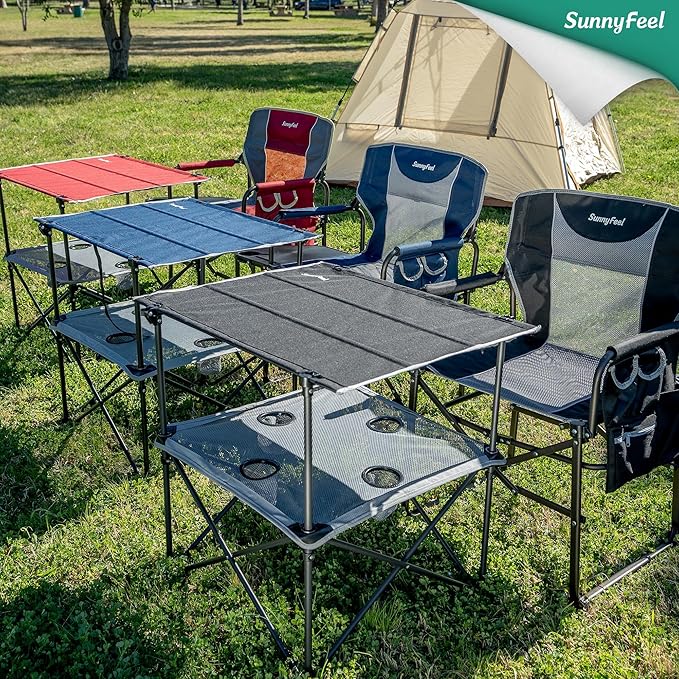 SUNNYFEEL Folding Camping Table- Collapsible Portable Beach Table with 4 Cup Holders & Carry Bags, Tailgate Table for Outdoor Excursion Picnic Hiking Fishing Travel Parties, Black