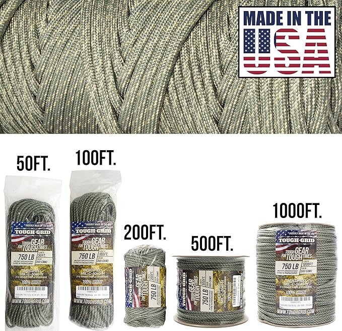 TOUGH-GRID 750 Paracord Military Grade Nylon Rope - Type IV Mil-Spec Made in USA - Tactical Survival Cord