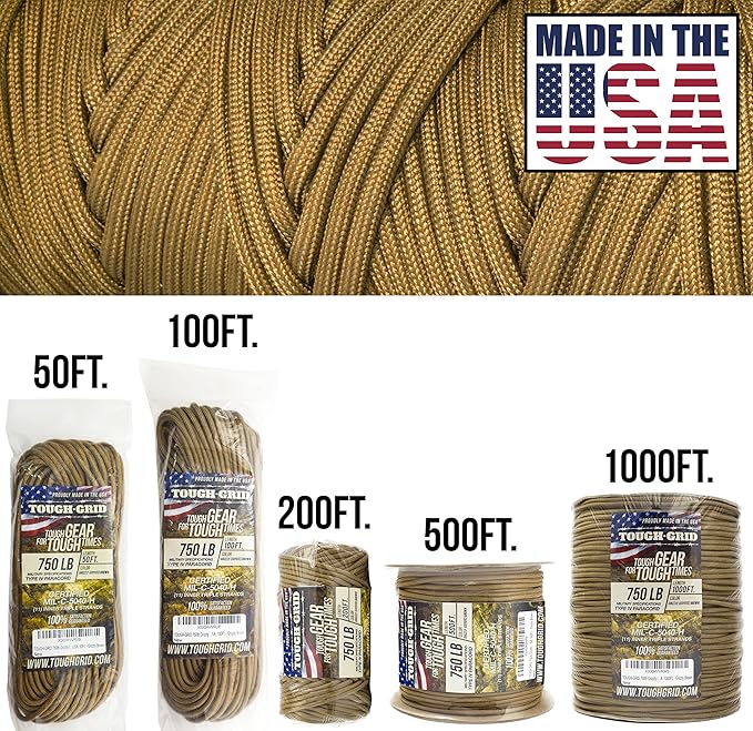 TOUGH-GRID 750 Paracord Military Grade Nylon Rope - Type IV Mil-Spec Made in USA - Tactical Survival Cord