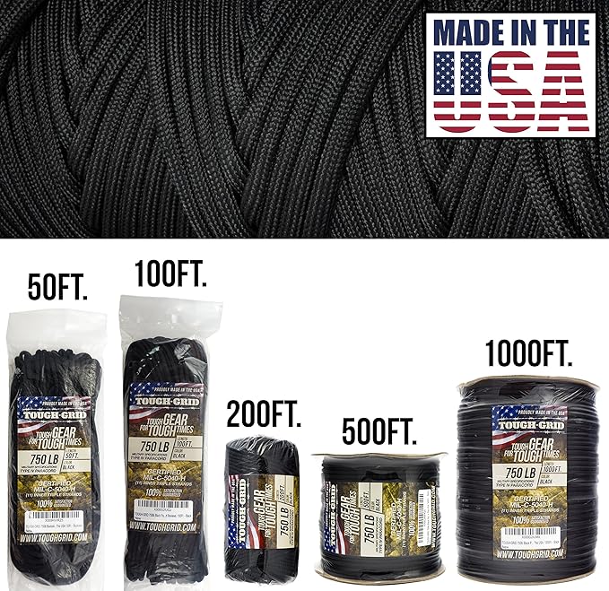 TOUGH-GRID 750 Paracord Military Grade Nylon Rope - Type IV Mil-Spec Made in USA - Tactical Survival Cord