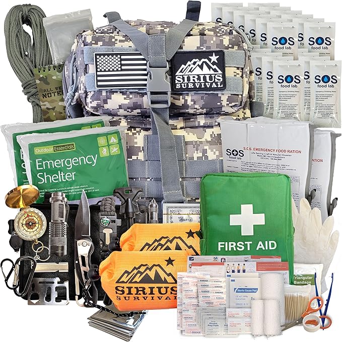 Sirius: Bug Out Bag Starter Kit - 72 Hour Kit for 1 Person – Backpack Survival Kit – 50L Tactical Backpack, US Made Food & Water, Medical Supplies & Survival Tools
