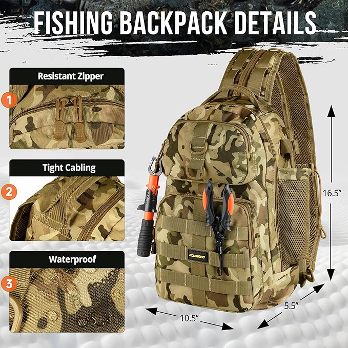 PLUSINNO Fishing Backpack, Fishing Bag, Waterproof Fishing Sling Tackle Bag For Fishing Gear With Rod Holder, Fishing Gifts for Men