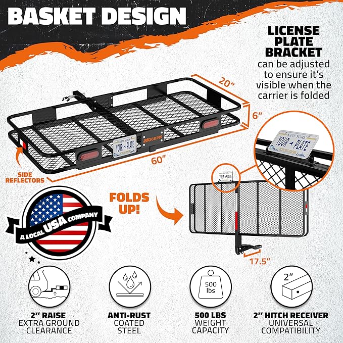 Mockins 60"x20"x6" Heavy Duty Trailer Hitch Cargo Carrier w/ 20 CuFt Waterproof Cargo Bag | 500 Lbs Cap All-Weather Folding Luggage Rack for SUV Car & Truck w/Rear Lights, License Plate Holder & More