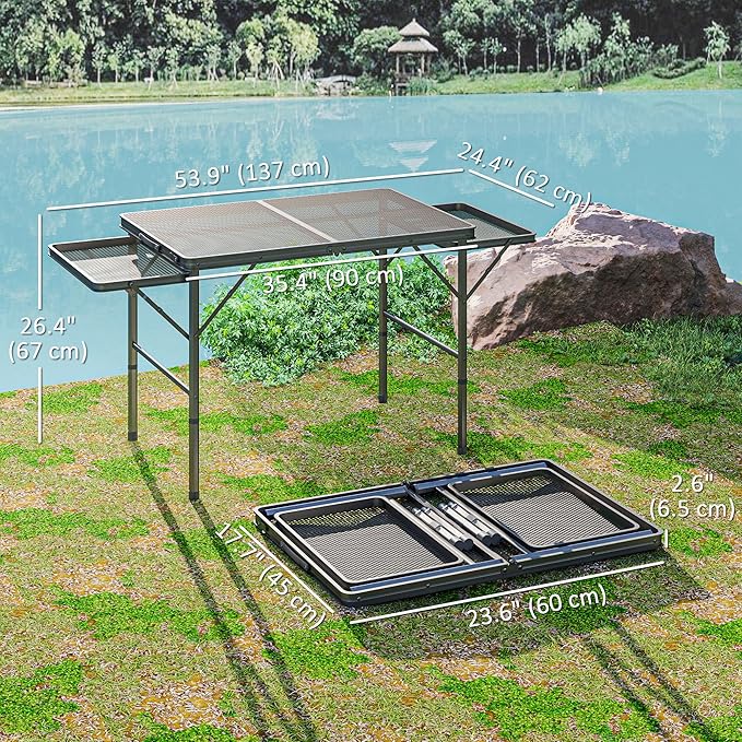 Outsunny Folding Grill Table, 4.5 ft Portable Camping Table with 2 Wing Panels, Height Adjustable Metal Outdoor Table with Mesh Desktop for Picnic, Beach, BBQ, Party, Black