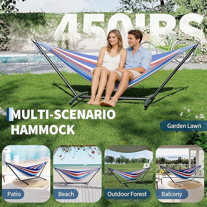 Garvee 2 Person Hammocks with Stand for Outside, Double Hammocks Portable Space Saving Heavy-Duty Steel Stand for Indoor Outdoor Patio with Carrying Bag, 450 lbs Capacity