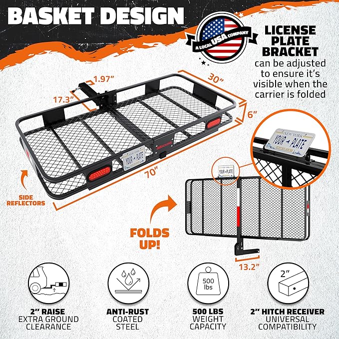 Mockins 70"x30"x6" XXL Folding Trailer Hitch Cargo Carrier w/Rear Lights, Plate Bracket & 40 CuFt Waterproof Cargo Bag for Hitch Carrier | 500 Lbs Cap Luggage Rack for SUV Car & Truck w/Accessories