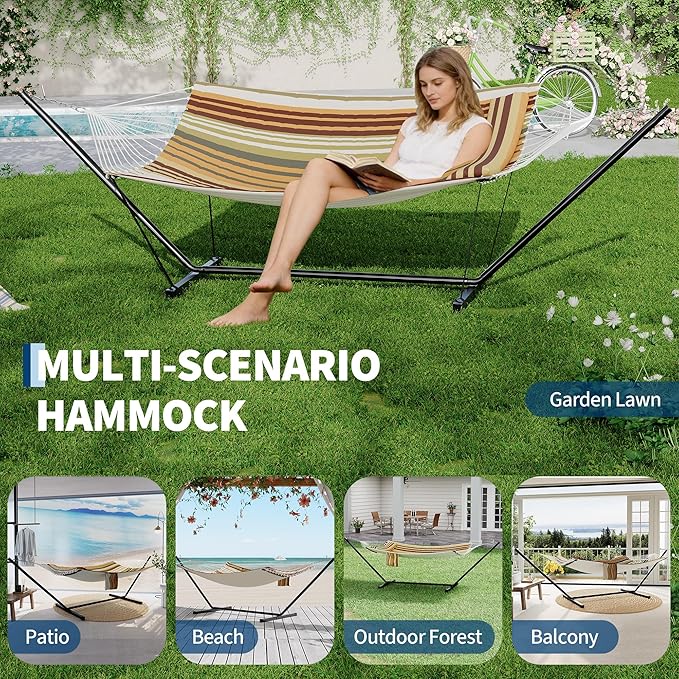 Garvee﻿ 2 Person Hammock with Stand for Outside, Double Hammock with Stand and Pillow, Max 450 Lbs Capacity with Balance Rope, Large Hammock for Outdoor Patio Backyard Poolside