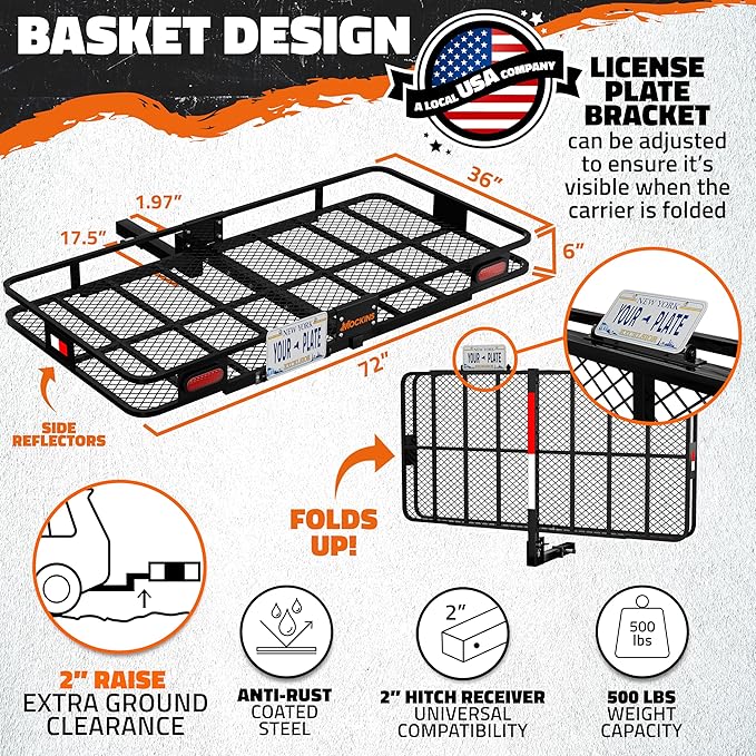 Mockins 72"x36"x6" XXL Folding Trailer Hitch Cargo Carrier w/ 50 CuFt Waterproof Cargo Bag for Hitch Carrier | 500 Lbs Cap Luggage Rack for SUV Car & Truck w/Rear Lights, License Plate Holder & More