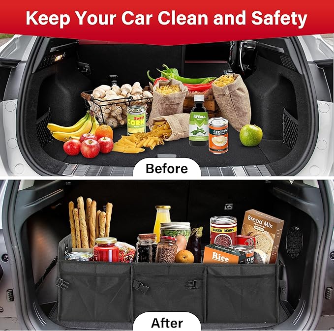 Simple Deluxe Car Trunk Organizer, Multi Compartments Collapsible Trunk Storage, Anti-slip, Waterproof 600D Oxford Polyester, with Adjustable Straps for SUV, Minivan, Truck, Large Size, Black New
