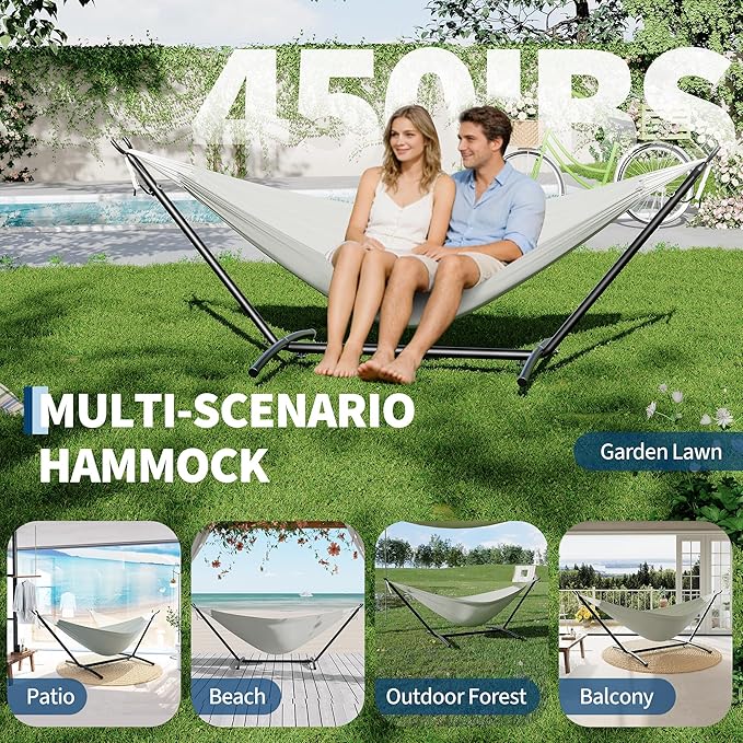 Double Hammocks with Stand for Outside, Portable Space Saving Heavy-Duty Steel Stand for Indoor Outdoor Patio with Carrying Bag, 450 lbs Capacity