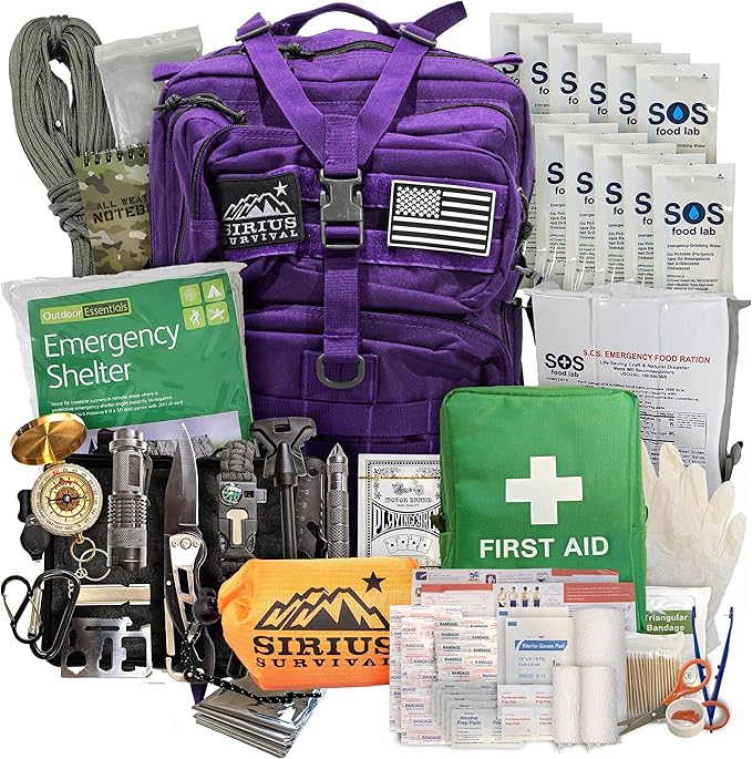 Sirius: Bug Out Bag Starter Kit - 72 Hour Kit for 1 Person – Backpack Survival Kit – 50L Tactical Backpack, US Made Food & Water, Medical Supplies & Survival Tools