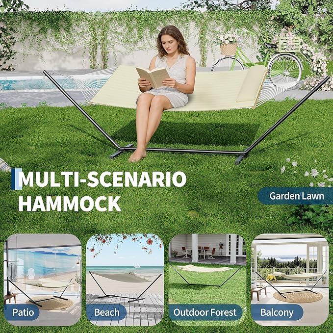 Garvee 2 Person Portable Double Hammock for Outdoor with Pillow, Heavy Duty Portable Hammock with Adjustable Steel Stand for Patio, Garden, Beach, Backyard