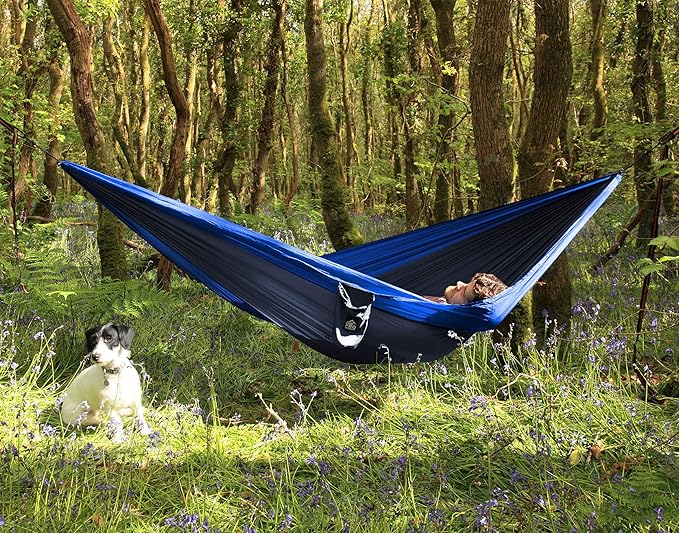 Pro Venture Double Camping Hammock - 10.5 x 6.5 FT (9ft Tree Straps, 2 Carabiners) - 2 Person, Portable, Lightweight Parachute Nylon 210T Hammocks - for Backpacking, Travel, Hiking, Patio (Double)…