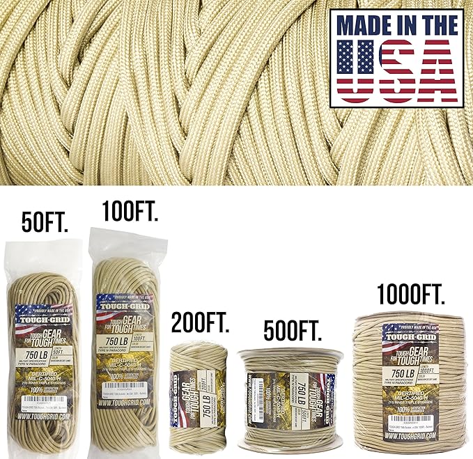 TOUGH-GRID 750 Paracord Military Grade Nylon Rope - Type IV Mil-Spec Made in USA - Tactical Survival Cord