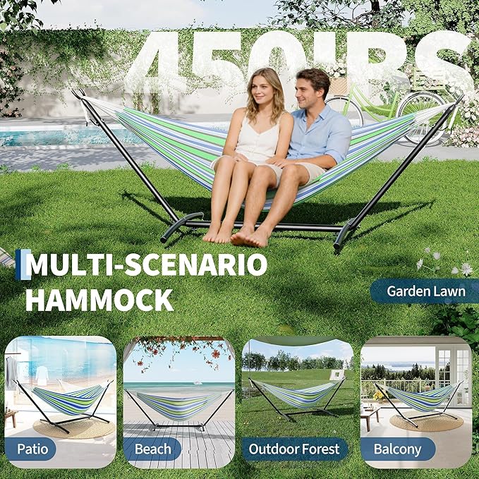Garvee 2 Person Hammocks with Stand for Outside, Double Hammocks Portable Space Saving Heavy-Duty Steel Stand for Indoor Outdoor Patio with Carrying Bag, 450 lbs Capacity