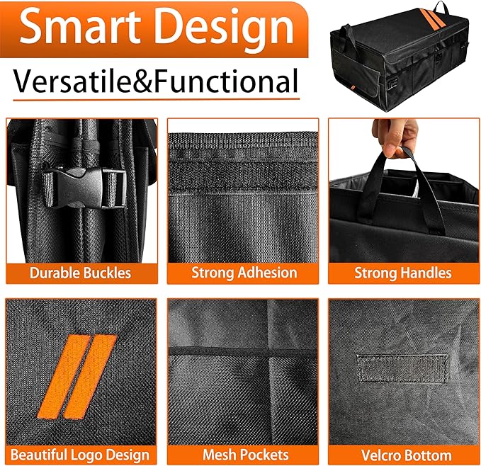 YOSRTER for Dodge Charger Durango Challenger Ram Car Trunk Organizer Collapsible Storage Box with Handle Foldable Lid Non Slip Bottom Sturdy Base Panel 2 Compartment Orange Trim