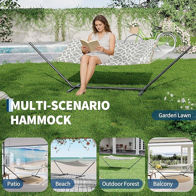 Heavy Duty 2 Person Double Hammock with Portable Adjustable Steel Stand, Outdoor Hammock with Pillow for Patio, Garden, Beach, Backyard Camping