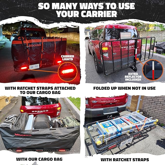 Mockins 70"x30"x6" XXL Folding Trailer Hitch Cargo Carrier w/Rear Lights, Plate Bracket & 40 CuFt Waterproof Cargo Bag for Hitch Carrier | 500 Lbs Cap Luggage Rack for SUV Car & Truck w/Accessories
