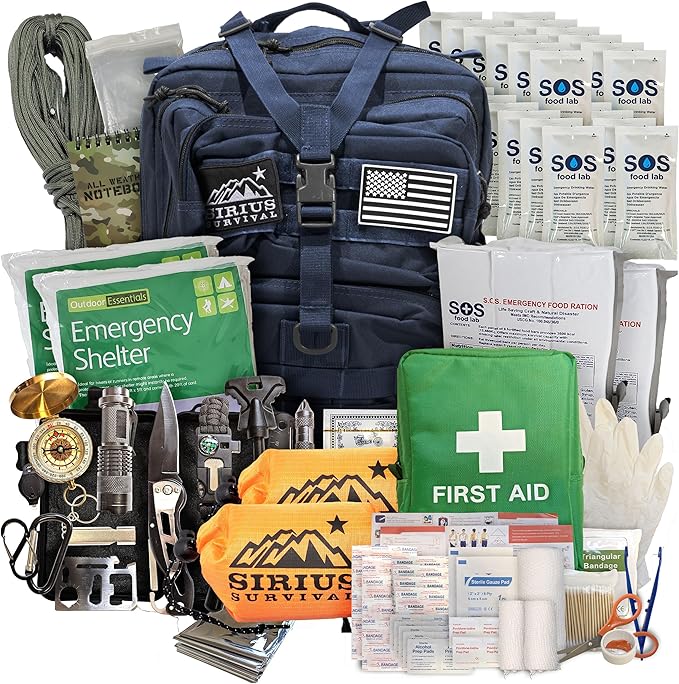 Sirius: Bug Out Bag Starter Kit - 72 Hour Kit for 1 Person – Backpack Survival Kit – 50L Tactical Backpack, US Made Food & Water, Medical Supplies & Survival Tools