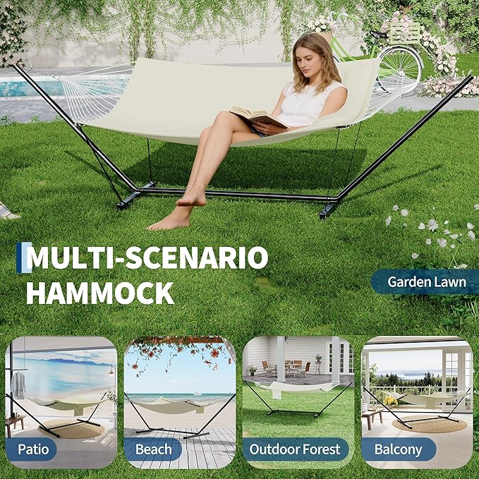 Garvee﻿ 2 Person Hammock with Stand for Outside, Double Hammock with Stand and Pillow, Max 450 Lbs Capacity with Balance Rope, Large Hammock for Outdoor Patio Backyard Poolside