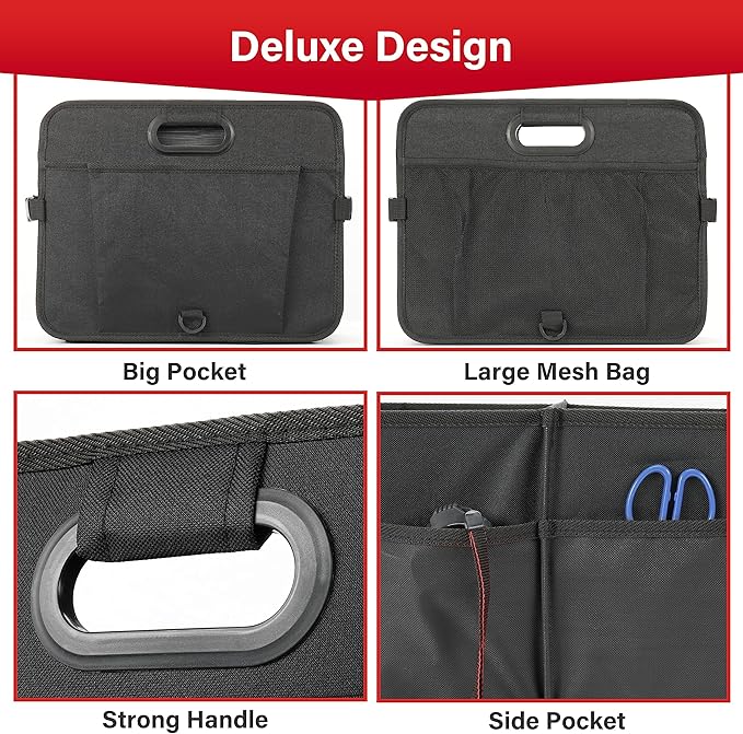 Simple Deluxe Car Trunk Organizer, Multi Compartments Collapsible Trunk Storage, Anti-slip, Waterproof 600D Oxford Polyester, with Adjustable Straps for SUV, Minivan, Truck, Large Size, Black New