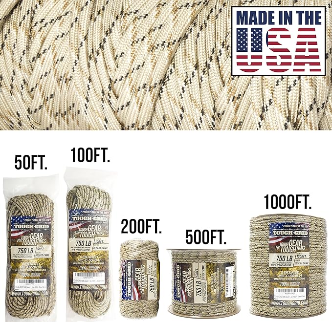 TOUGH-GRID 750 Paracord Military Grade Nylon Rope - Type IV Mil-Spec Made in USA - Tactical Survival Cord