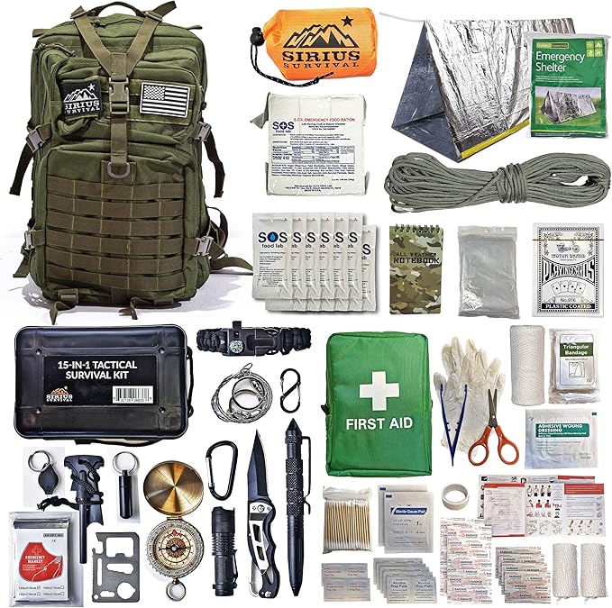 Sirius: Bug Out Bag Starter Kit - 72 Hour Kit for 1 Person – Backpack Survival Kit – 50L Tactical Backpack, US Made Food & Water, Medical Supplies & Survival Tools