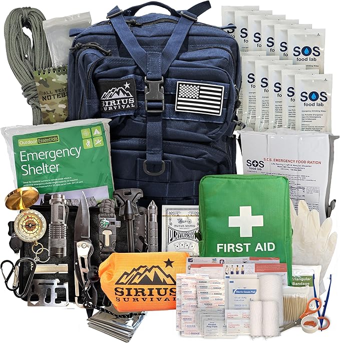 Sirius: Bug Out Bag Starter Kit - 72 Hour Kit for 1 Person – Backpack Survival Kit – 50L Tactical Backpack, US Made Food & Water, Medical Supplies & Survival Tools