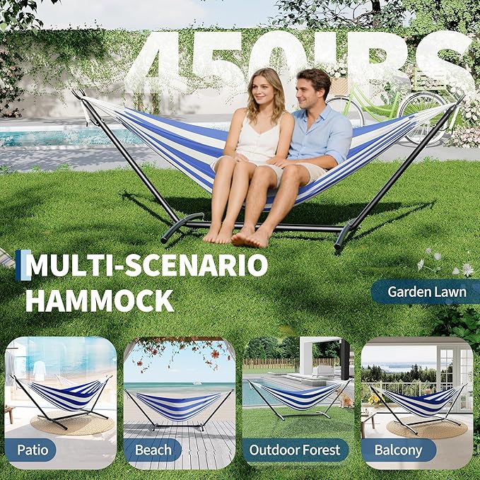 Garvee 2 Person Hammocks with Stand for Outside, Double Hammocks Portable Space Saving Heavy-Duty Steel Stand for Indoor Outdoor Patio with Carrying Bag, 450 lbs Capacity