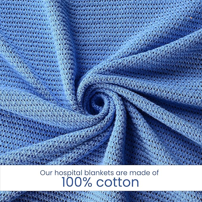 Linteum Textile Supply Blue Hospital Thermal Blanket 66x90 Inch 100% Cotton, Soft and Cozy, Breathable, Open-Cell Weave Design, All Season Twin Hospital Blanket (2-Pack)