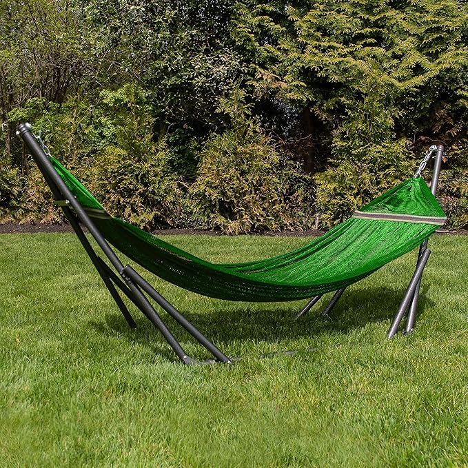 Best Home Fashion Hammock for 2 Persons with Collapsible Steel Stand 600 lbs Capacity- Portable Carrying Case, Adjustable, Perfect for Camping Beach Patio, EZ Daze Foldable Hammock with Stand- Green