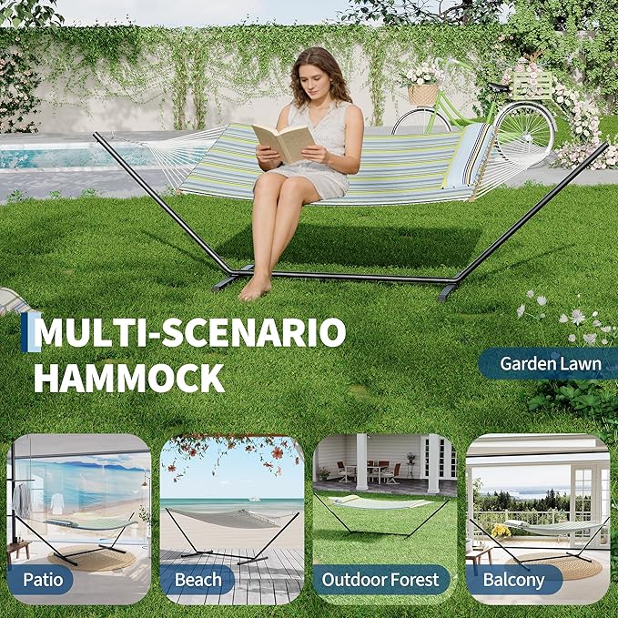 Heavy Duty 2 Person Double Hammock with Portable Adjustable Steel Stand, Outdoor Hammock with Pillow for Patio, Garden, Beach, Backyard Camping